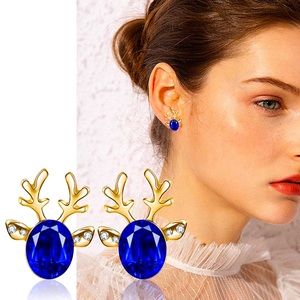 Reindeer Christmas Earrings Blue Crystal Gold New